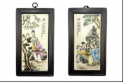 王大凡款粉彩《琴棋书画》瓷板画：民国文人